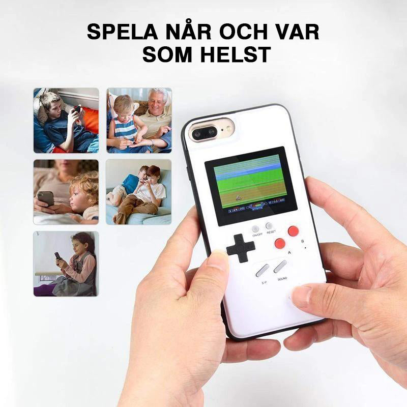 "Retro Gaming iPhone-fodral med Game Boy-design, inkluderar 36 nostalgiska spel, idealiskt för spelentusiaster."