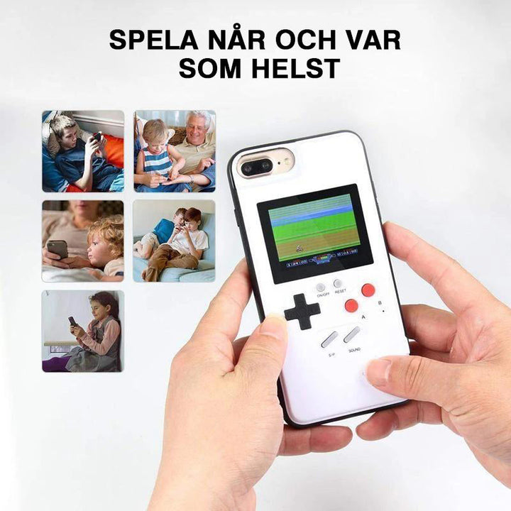 "Retro Gaming iPhone-fodral med Game Boy-design, inkluderar 36 nostalgiska spel, idealiskt för spelentusiaster."