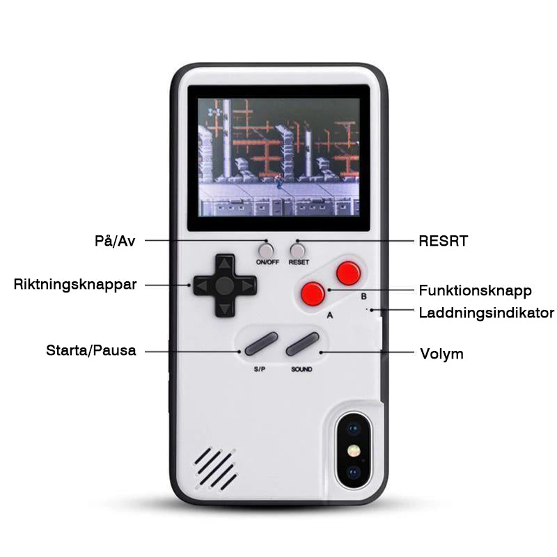 "Retro Gaming iPhone-fodral med Game Boy-design, inkluderar 36 nostalgiska spel, idealiskt för spelentusiaster."