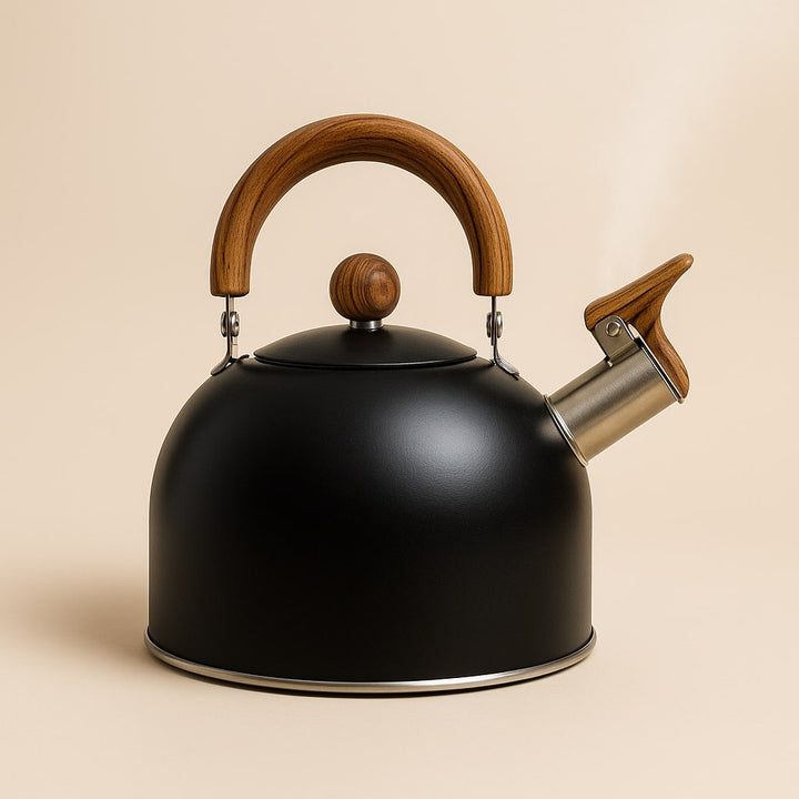 Rostfri induktionsvattenkokare med retrodesign, idealisk för moderna induktionshällar. Visslar när vattnet kokar.