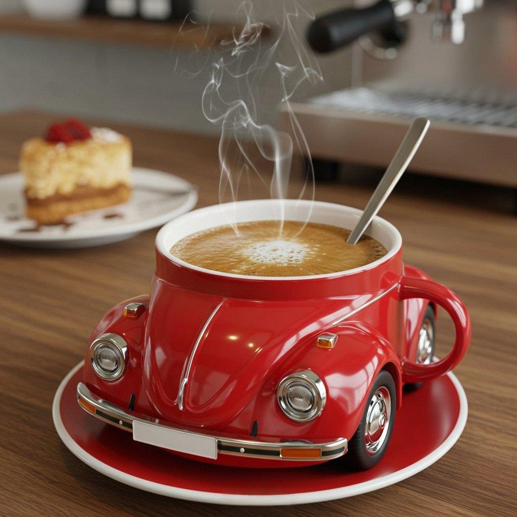 Retro keramik kaffemugg med klassisk bil design. Perfekt för bilentusiaster.