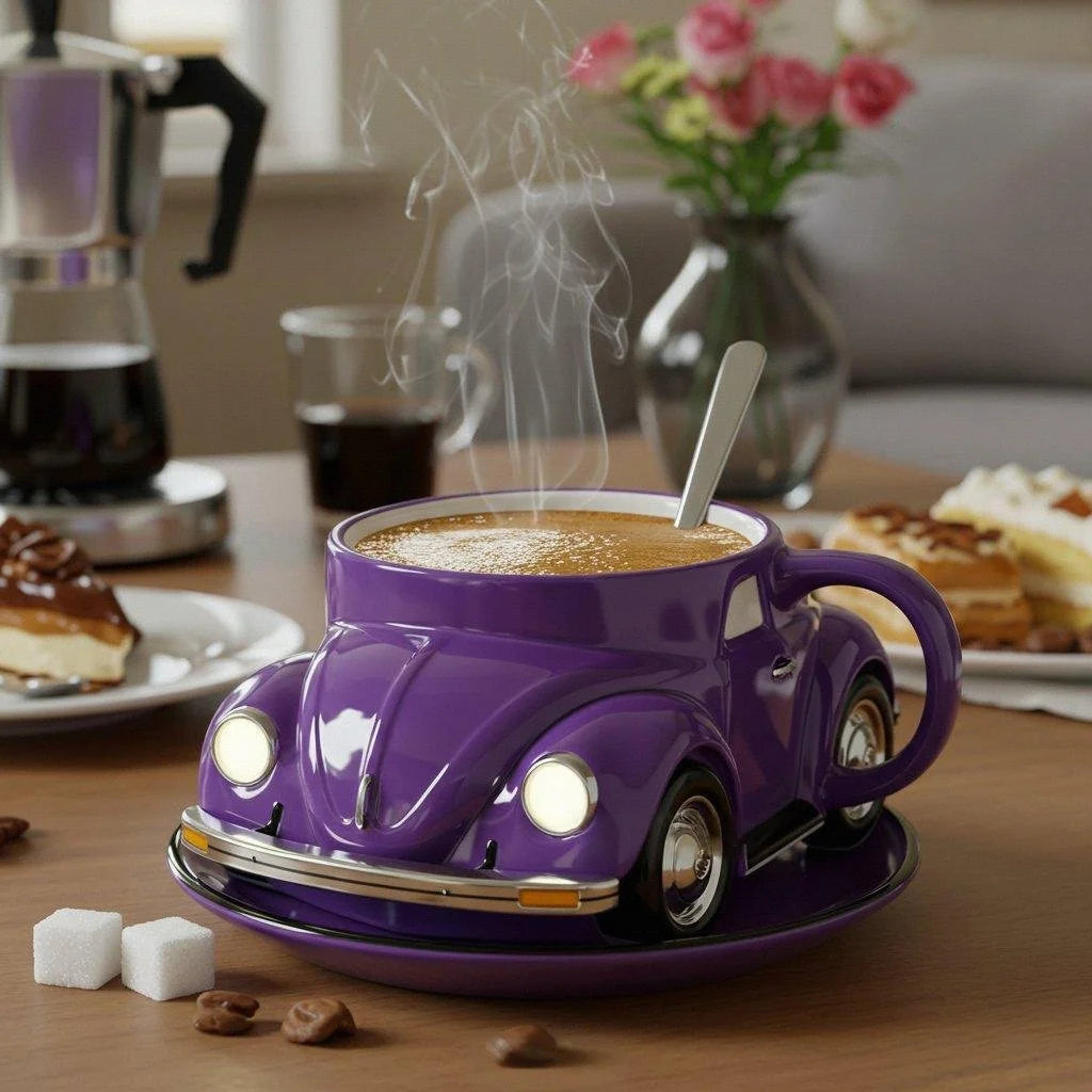 Stilren retro kaffemugg med klassisk bil. Handmålad keramik för bilälskare.