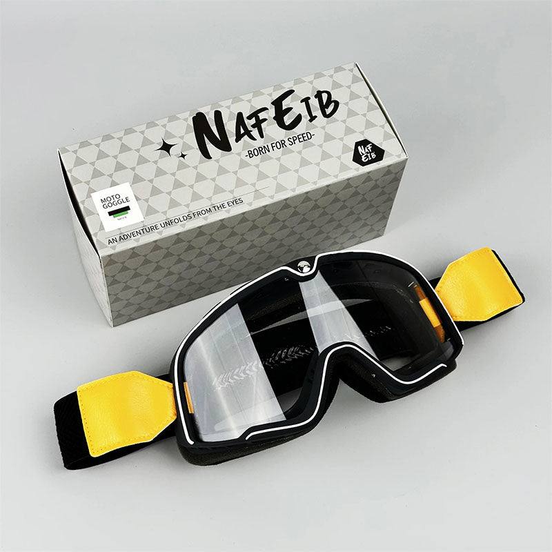MC-goggles i vintage-design, ger komplett skydd och stil, passar över vanliga glasögon.