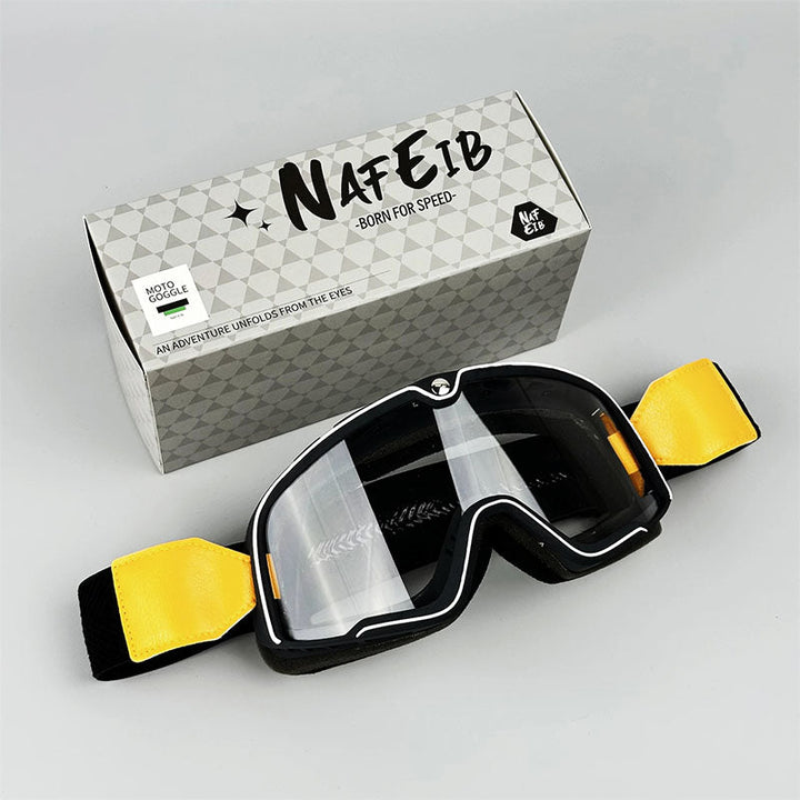 MC-goggles i vintage-design, ger komplett skydd och stil, passar över vanliga glasögon.