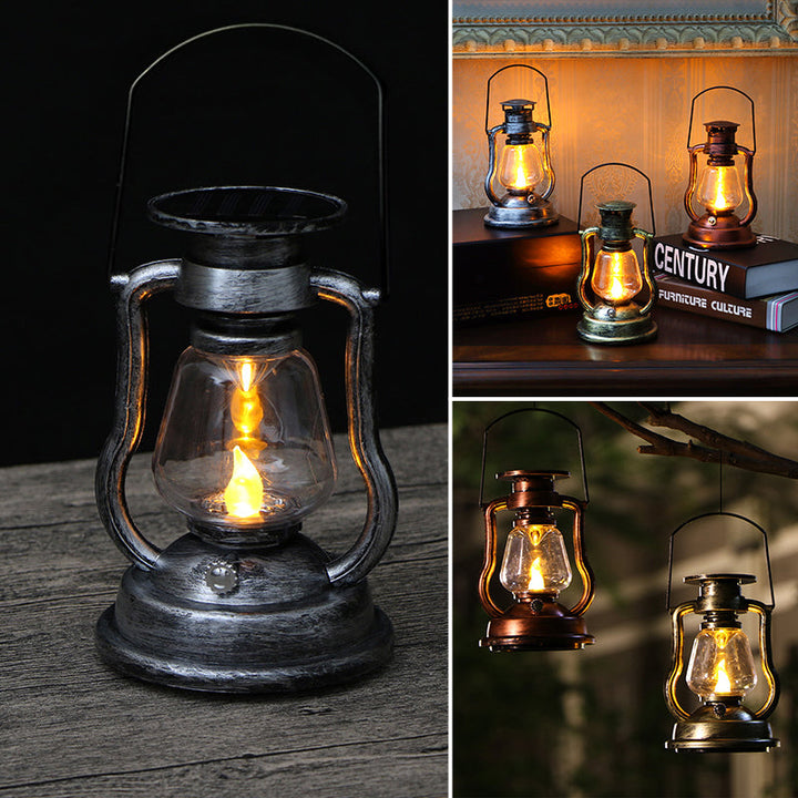 "Retro solcellsdriven fotogenlampa med LED, vattentät; antik finish i brons, guld, rost, silver; perfekt för utomhusbelysning