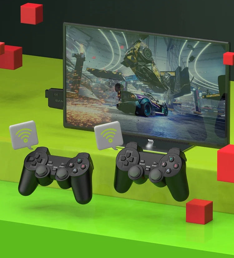 PixelDrive retro spelkonsol ansluten till en 4K-TV, levererar skarpa bilder för klassiska retrospel och gaming.