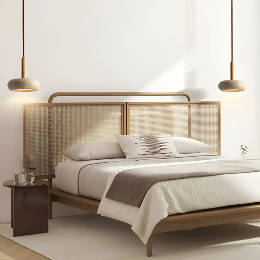 Retro taklampa i japansk design.  Elegant LED-lampa i trä och sten.  Varmt ljus, justerbar höjd.
