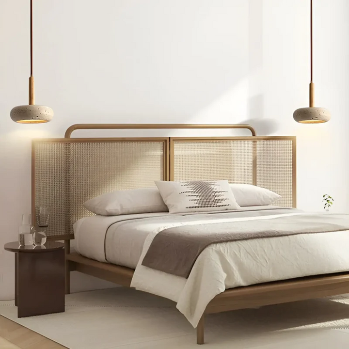 Retro taklampa i japansk design.  Elegant LED-lampa i trä och sten.  Varmt ljus, justerbar höjd.