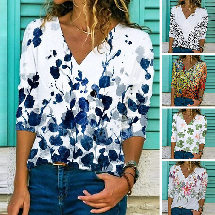 "Retro v-ringad blommig långärmad t-shirt för damer, elegant mönster och stilfull design i flera färgrika nyanser."