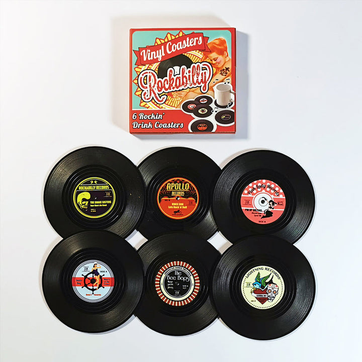 "Retro vinyl skivunderlägg i flera färger, dekorerar bord med musiktema, perfekt för musikälskare, 10,5 cm diameter."