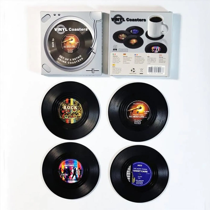 "Retro vinyl skivunderlägg i flera färger, dekorerar bord med musiktema, perfekt för musikälskare, 10,5 cm diameter."