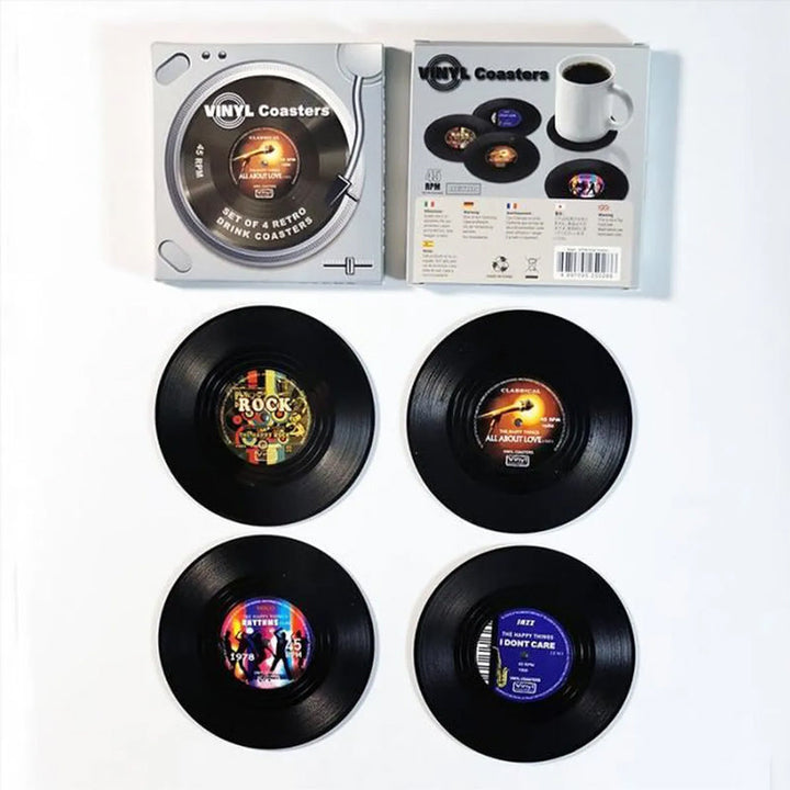 "Retro vinyl skivunderlägg i flera färger, dekorerar bord med musiktema, perfekt för musikälskare, 10,5 cm diameter."