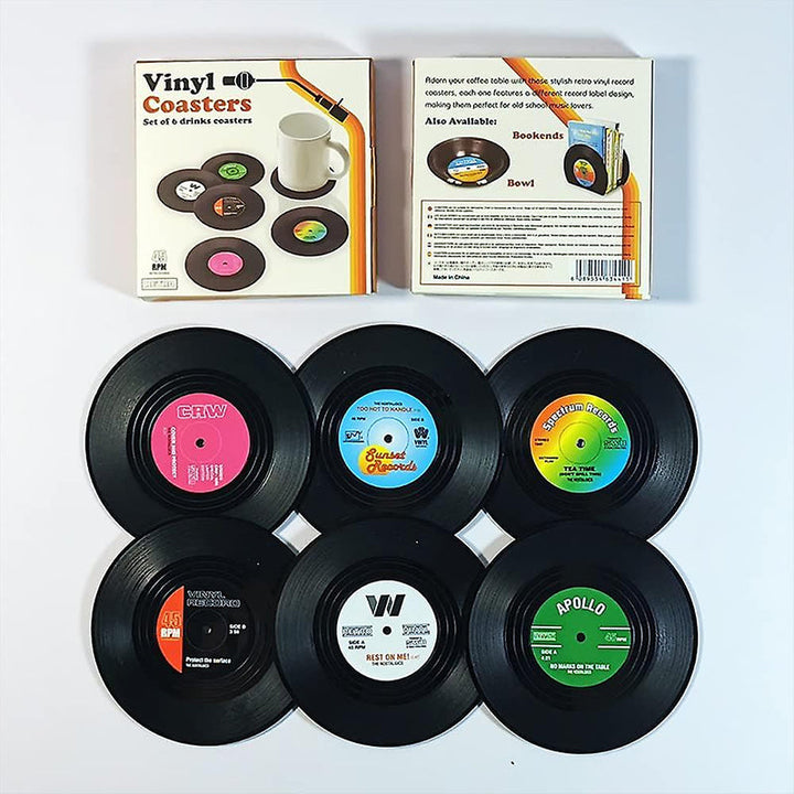 "Retro vinyl skivunderlägg i flera färger, dekorerar bord med musiktema, perfekt för musikälskare, 10,5 cm diameter."