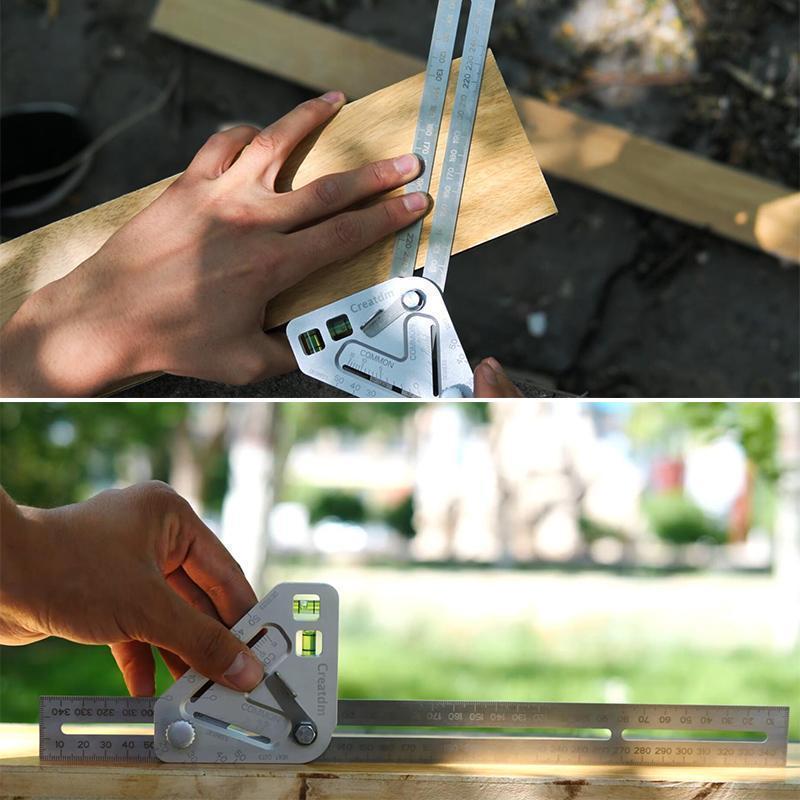 "Revolutionerande snickarverktyg i anodiserad aluminium för exakt mätning; kombinerar gradskiva och digital nivå."