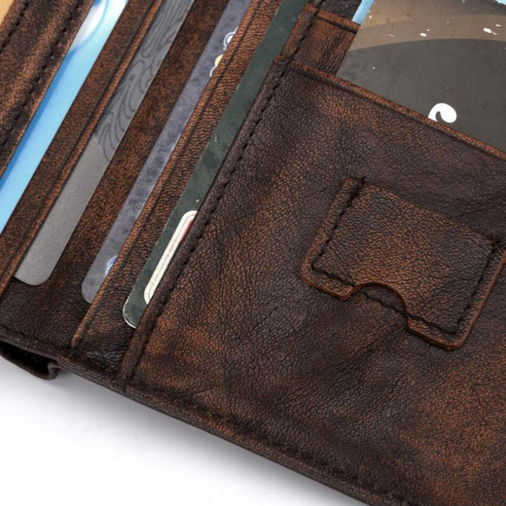 "RFID herr vintage läderplånbok i äkta kohud, maskulint tidlöst utseende, brun nyans, stor kapacitet med 13 kortplatser."