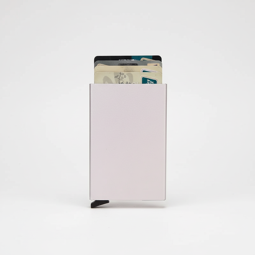 Mörk, stilren RFID-skyddad herrplånbok. Kompakt metallplånbok, säker och minimalistisk.