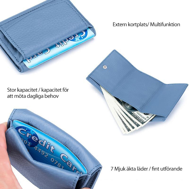 "RFID-skyddad mini plånbok i gult, blått, grönt, rosa, svart. Slimmad design, skyddar mot obehörig skanning."