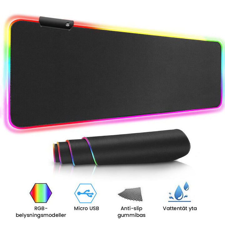 "RGB-musmatta för gaming med flerfärgat LED-ljus, sömlösa kanter, nonslip gummiunderlag och dynamiska ljuseffekter."