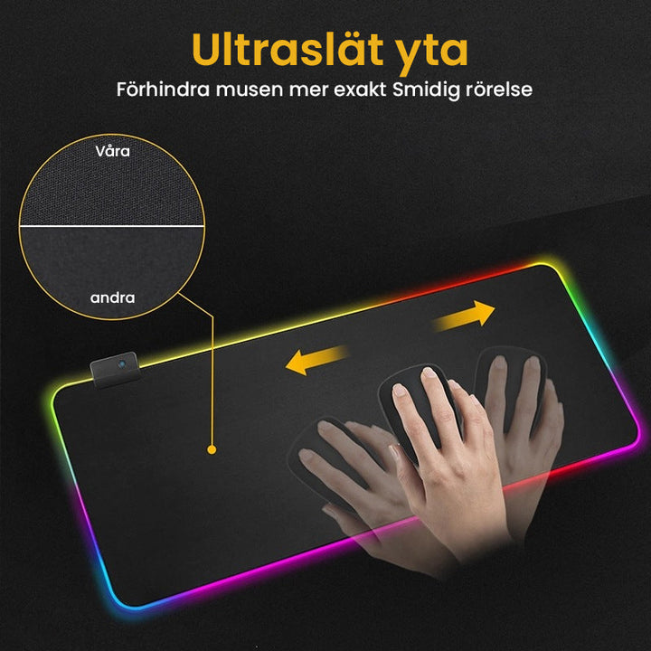 "RGB-musmatta för gaming med flerfärgat LED-ljus, sömlösa kanter, nonslip gummiunderlag och dynamiska ljuseffekter."