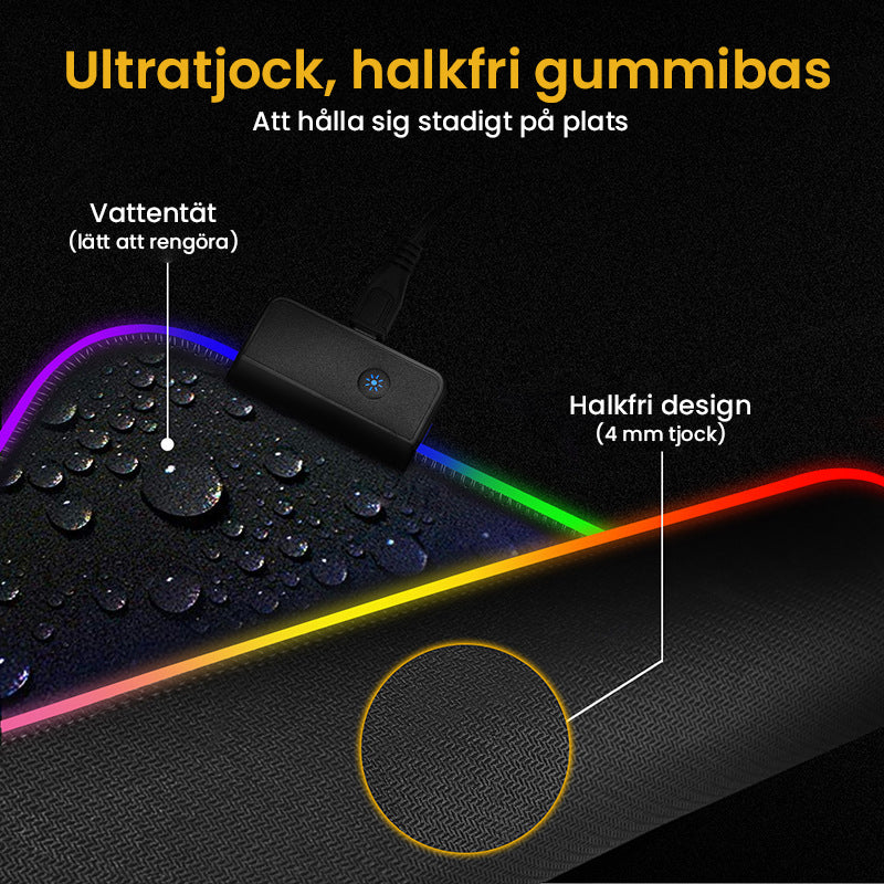 "RGB-musmatta för gaming med flerfärgat LED-ljus, sömlösa kanter, nonslip gummiunderlag och dynamiska ljuseffekter."
