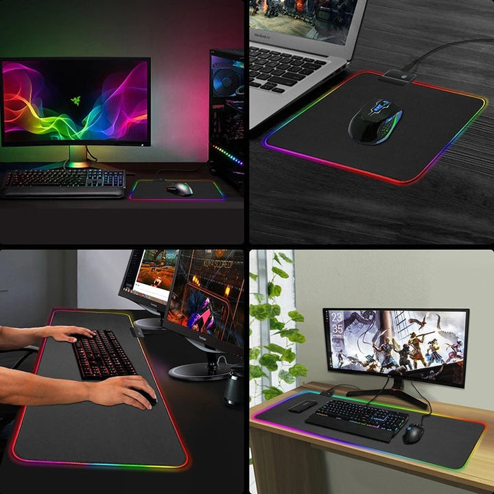 "RGB-musmatta för gaming med flerfärgat LED-ljus, sömlösa kanter, nonslip gummiunderlag och dynamiska ljuseffekter."