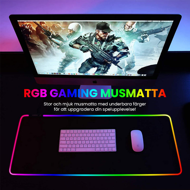 "RGB-musmatta för gaming med flerfärgat LED-ljus, sömlösa kanter, nonslip gummiunderlag och dynamiska ljuseffekter."