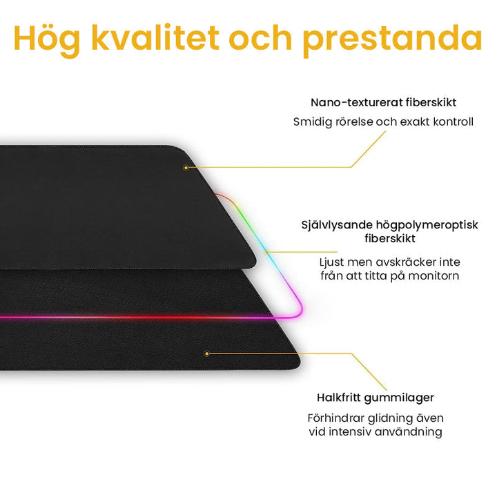 "RGB-musmatta för gaming med flerfärgat LED-ljus, sömlösa kanter, nonslip gummiunderlag och dynamiska ljuseffekter."