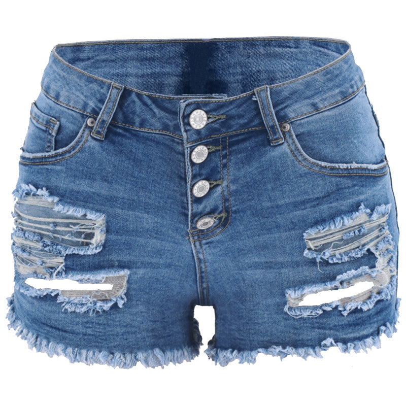 "Rippade jeansshorts i bomull med trendig design, klassisk blå färg, avslappnad stil för damer sett framifrån."