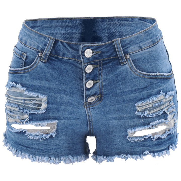 "Rippade jeansshorts i bomull med trendig design, klassisk blå färg, avslappnad stil för damer sett framifrån."