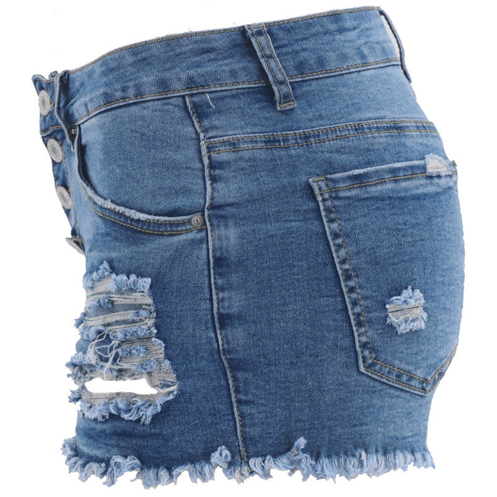 "Rippade jeansshorts i bomull med trendig design, klassisk blå färg, avslappnad stil för damer sett framifrån."