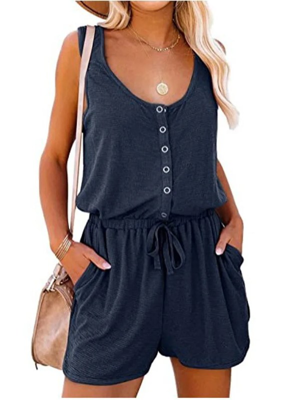 Mångsidig ärmlös jumpsuit för dam, kort modell. Passar till vardags, stranden och lediga sommarkvällar.