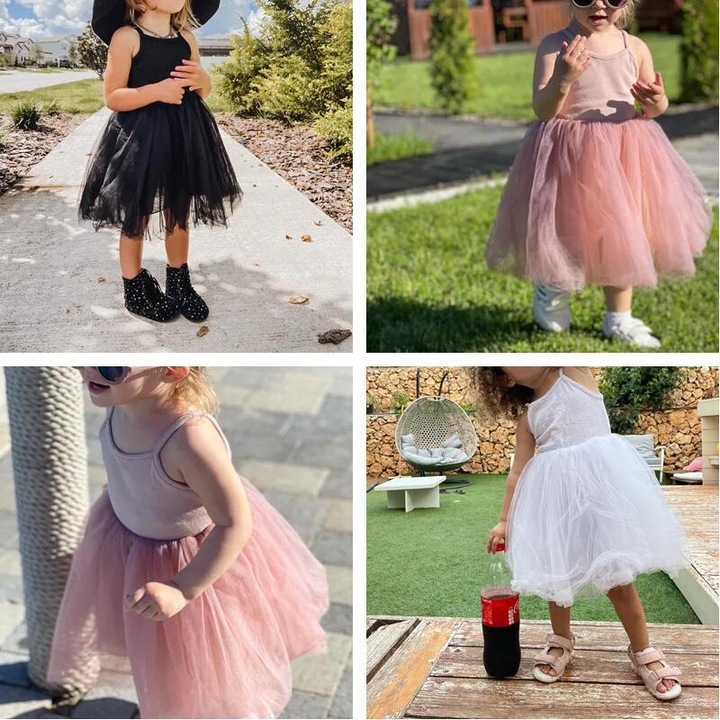 "Ärmlös tutu balklänning för flicka i tyll och paljetter, rosa nyanser med flera lager, perfekt för fest och bröllop."