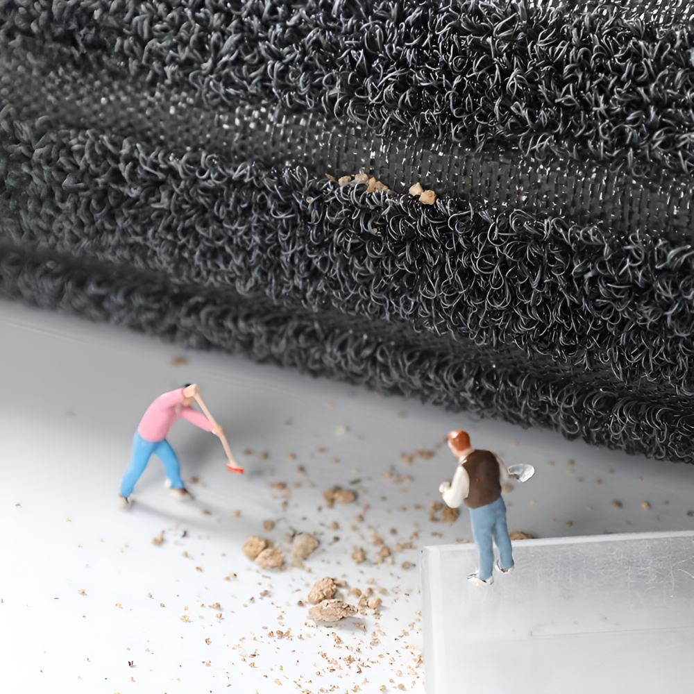 Mörk, slitstark dörrmatta för utomhusbruk, med struktur som effektivt fångar smuts och är väderbeständig.