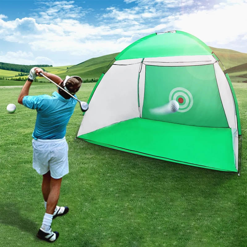 "Robust golfträningsnät med stor öppning, lättviktsdesign och slitstarkt material för inomhus och utomhus."