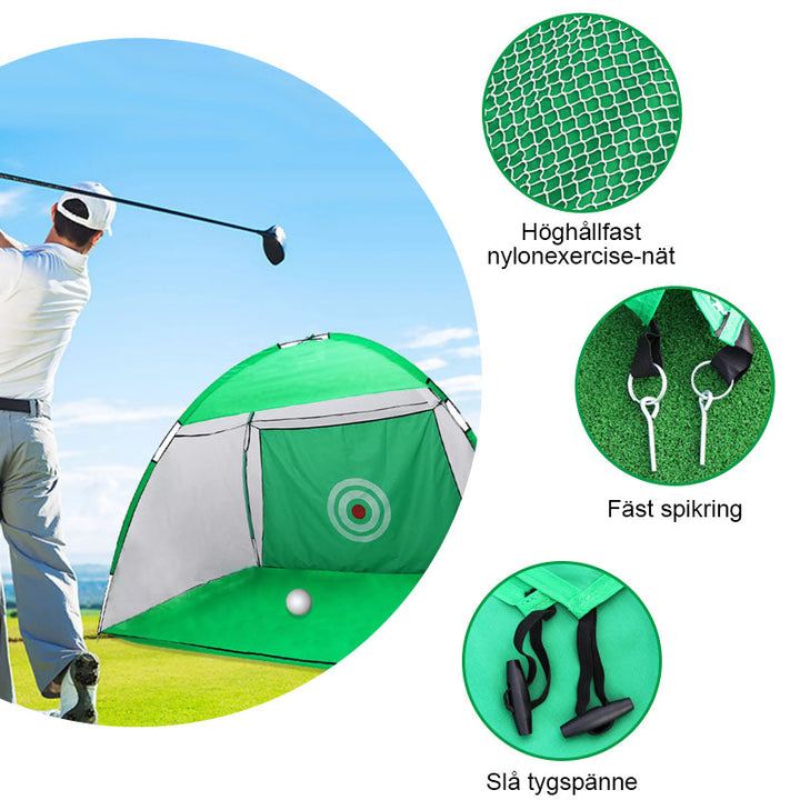 "Robust golfträningsnät med stor öppning, lättviktsdesign och slitstarkt material för inomhus och utomhus."