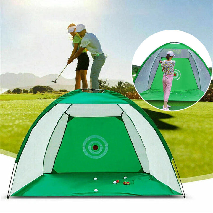"Robust golfträningsnät med stor öppning, lättviktsdesign och slitstarkt material för inomhus och utomhus."