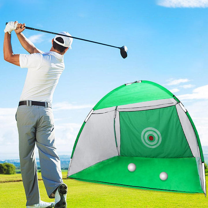 "Robust golfträningsnät med stor öppning, lättviktsdesign och slitstarkt material för inomhus och utomhus."