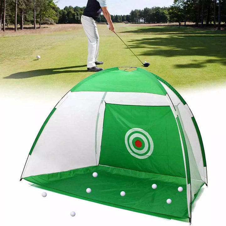 "Robust golfträningsnät med stor öppning, lättviktsdesign och slitstarkt material för inomhus och utomhus."