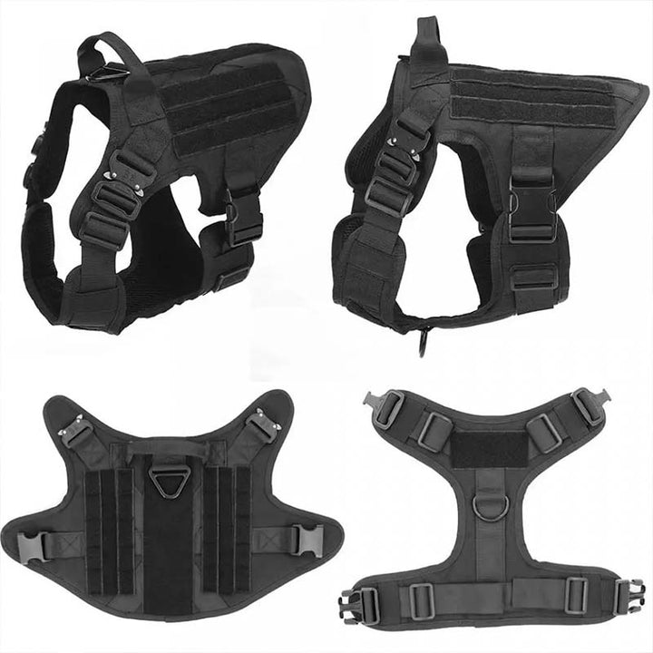Stilren militärsele för hundar med reflekterande detaljer. Robust nylon design för träning och dagliga promenader.