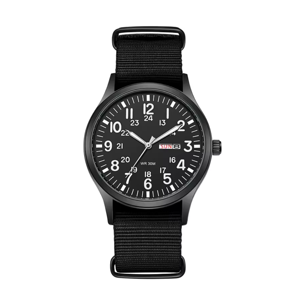 Svart unisex militärklocka för äventyr, med robust design, vattentålig och lysande. Perfekt utomhusklocka.