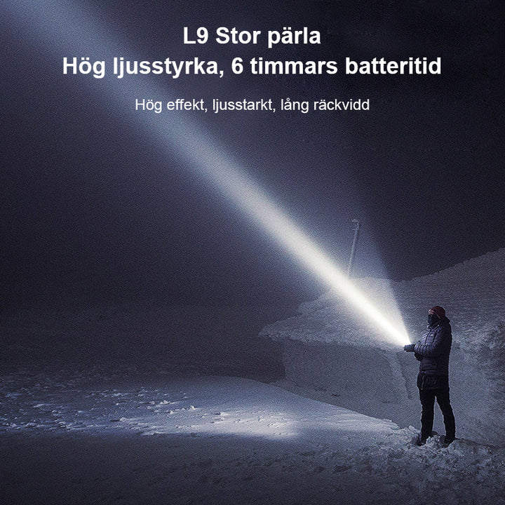 Robust vattentät LED-ficklampa, utmärkt för utomhusbruk med lång räckvidd, kompakt design och starkt ljus.