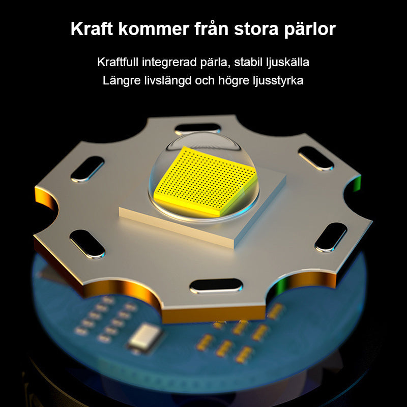 Robust vattentät LED-ficklampa, utmärkt för utomhusbruk med lång räckvidd, kompakt design och starkt ljus.
