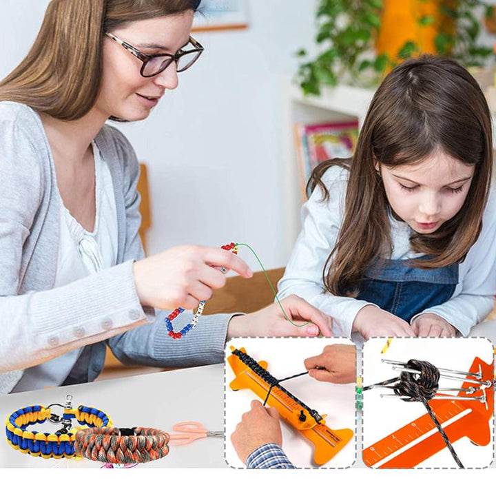 "Robust verktygssats för att skapa armband, inkluderar flera färgalternativ i gröna och orange toner för DIY-entusiaster."