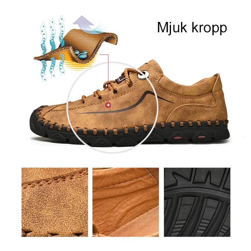"Robusta herrkängor i brunt läder med halkfri gummisula, rund tåform och snörning för vandring i tuff terräng"