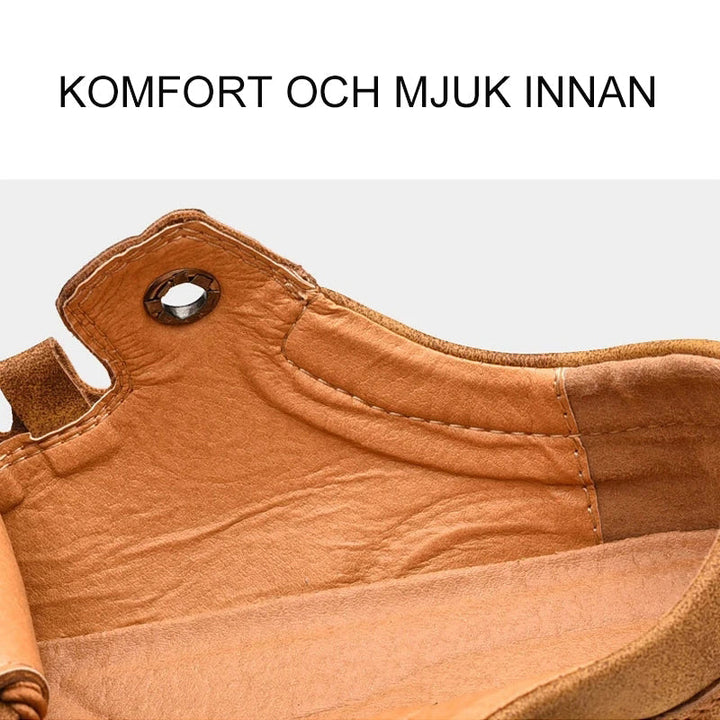 "Robusta herrkängor i brunt läder med halkfri gummisula, rund tåform och snörning för vandring i tuff terräng"