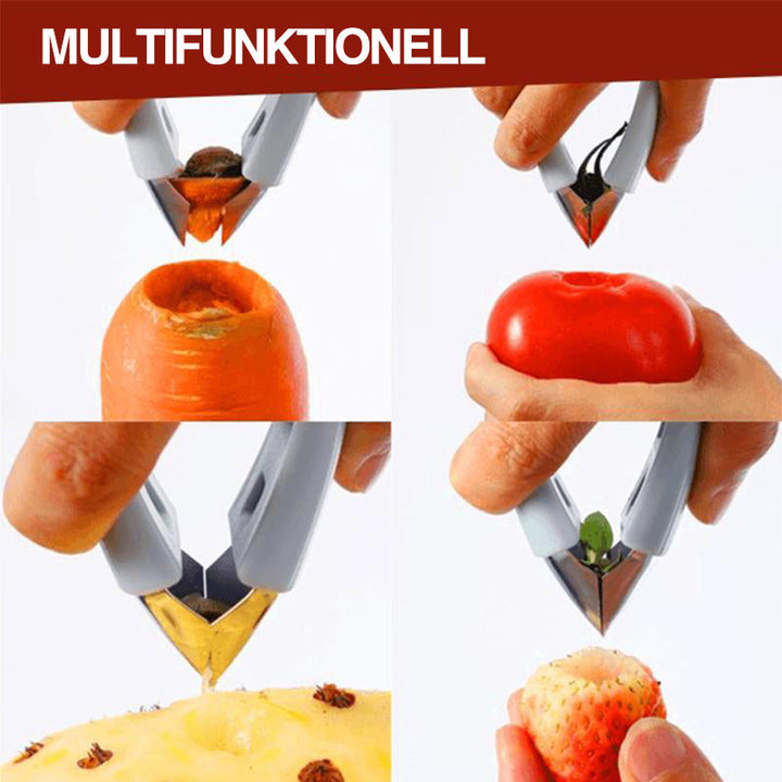 "Röd, ergonomisk pinneborttagare för köksbruk, av rostfritt stål, perfekt för frukt som jordgubbar. 9,5 x 2 cm."
