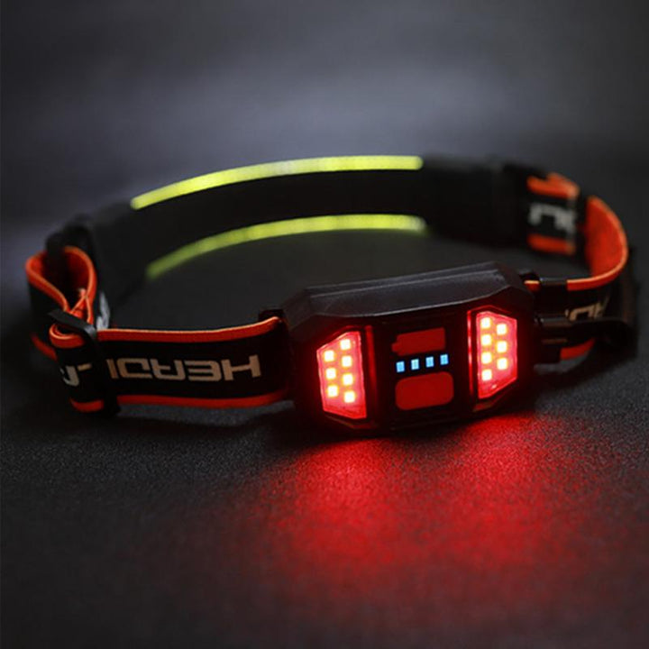 "Röd LED-pannlampa med 230° vidvinkelbelysning, vattentät, tre ljuslägen, idealisk för utomhusbruk och äventyr."