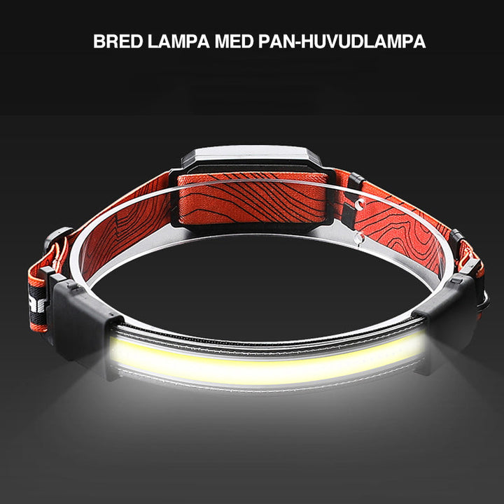 "Röd LED-pannlampa med 230° vidvinkelbelysning, vattentät, tre ljuslägen, idealisk för utomhusbruk och äventyr."