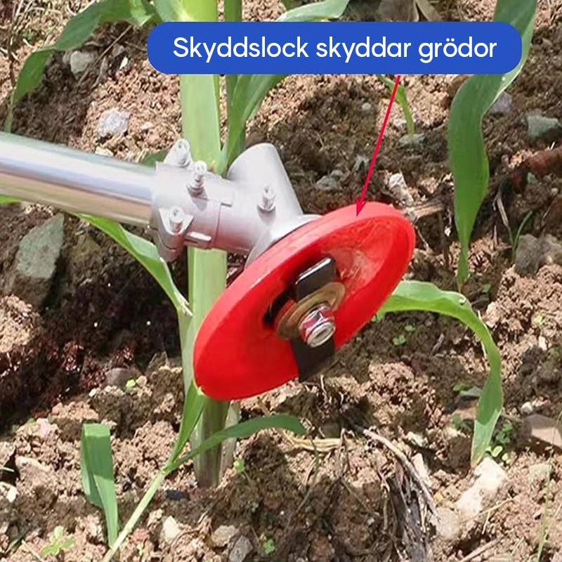 Röd multifunktionell ogrässkiva i stål och plast för trädgårdsarbete, med stjärnformat blad på grön bakgrund.