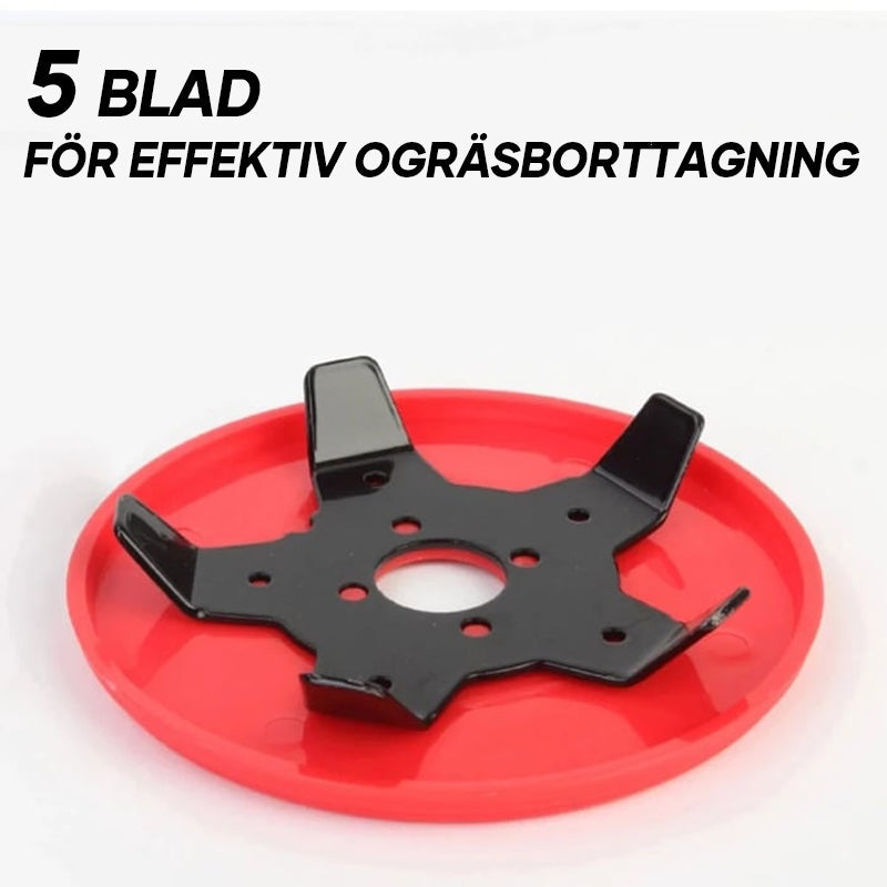 Röd multifunktionell ogrässkiva i stål och plast för trädgårdsarbete, med stjärnformat blad på grön bakgrund.
